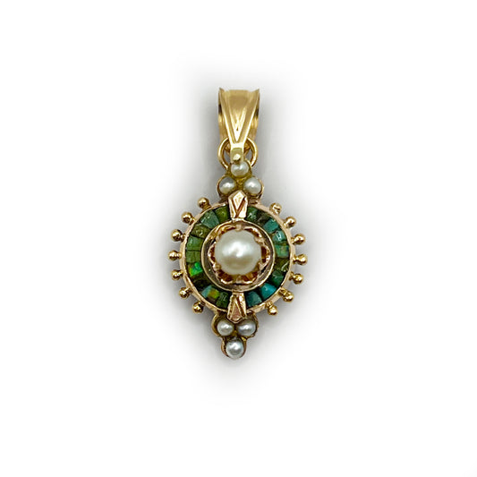 Antique Turquoise + Seed Pearl + Yellow Gold Pendant