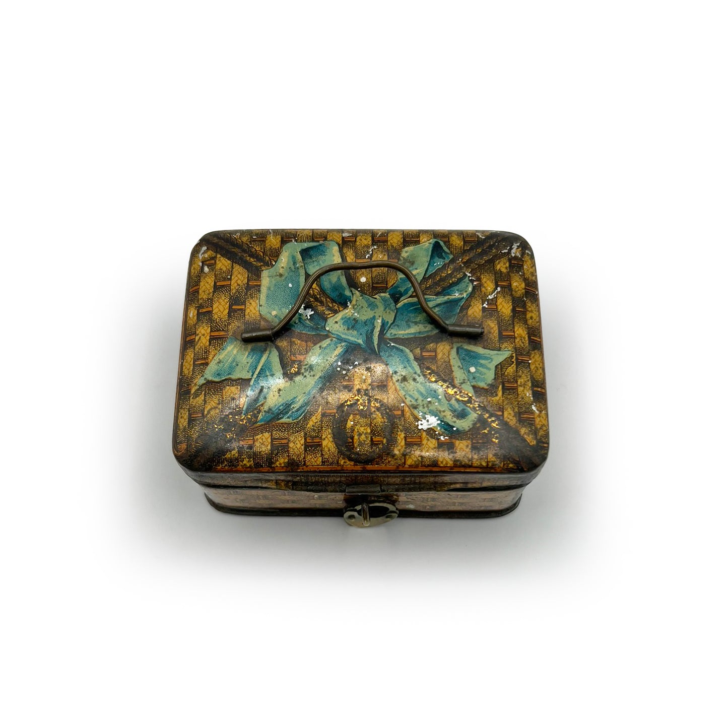 Vintage Tin Box w/ Trompe l'oeil Ribbon + Basket