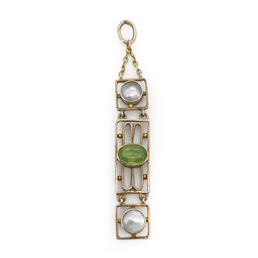 Antique Arts & Crafts Peridot + Pearl + 15ct Rose Gold Pendant