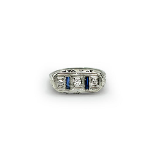 Antique Art Deco Diamond + Sapphire Ring + 18k White Gold - Sz. 6.75