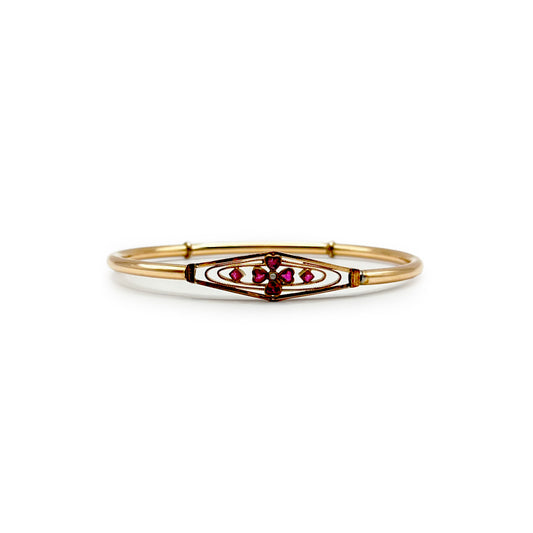 Antique Victorian Ruby + Pearl Bangle - 14ct Rose Gold - 8.25"