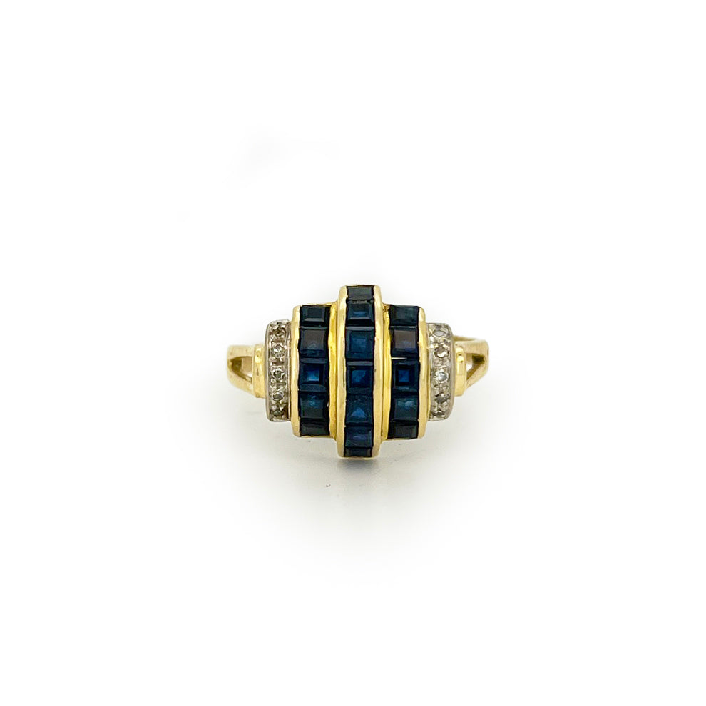 Vintage Blue Sapphire + Diamond + 14ct Yellow Gold Tank Ring - Sz. 8