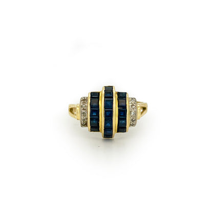 Vintage Blue Sapphire + Diamond + 14ct Yellow Gold Tank Ring - Sz. 8