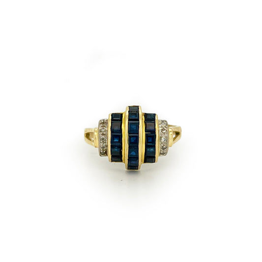 Vintage Blue Sapphire + Diamond + 14ct Yellow Gold Tank Ring - Sz. 8