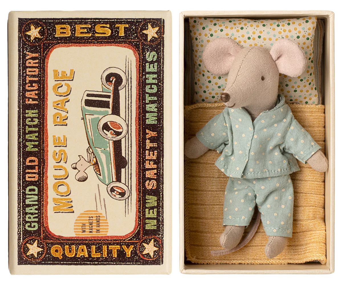 Pre-Order: Mid November - Little Brother Mouse in Matchbox - Blue with Dots