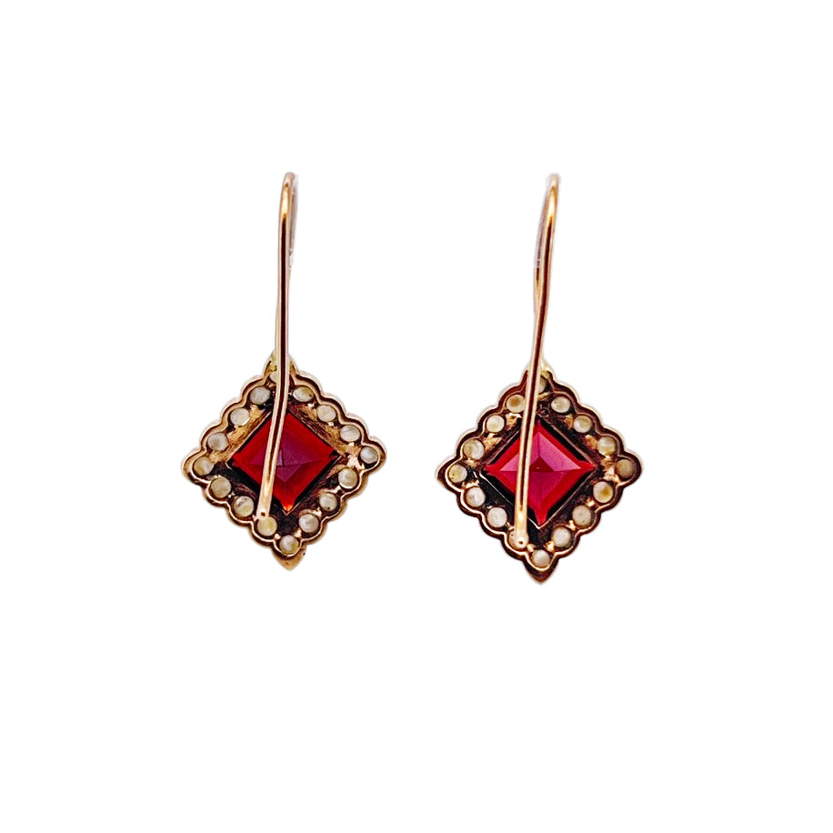 Vintage Garnet + Seed Pearl + 9ct Rose Gold Hook Earrings