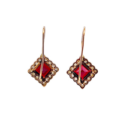 Vintage Garnet + Seed Pearl + 9ct Rose Gold Hook Earrings