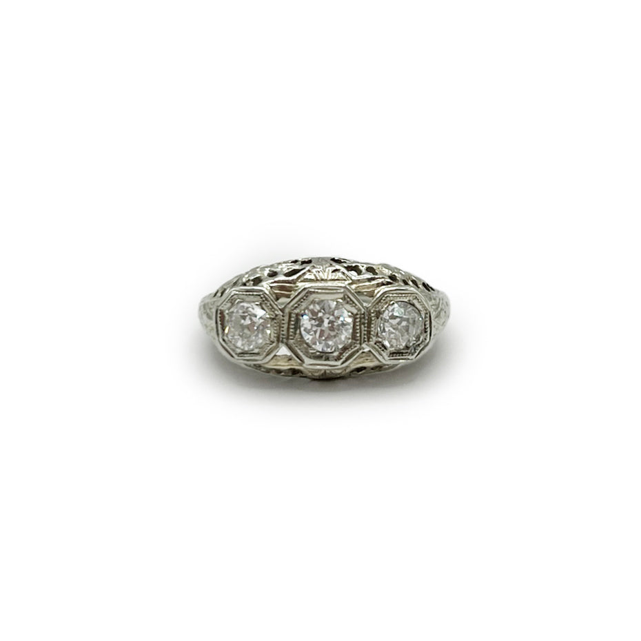Antique Art Deco Three Diamond + 18k White Gold Ring - Sz. 5.75