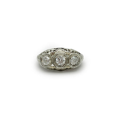 Antique Art Deco Three Diamond + 18k White Gold Ring - Sz. 5.75