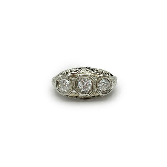 Antique Art Deco Three Diamond + 18k White Gold Ring - Sz. 5.75