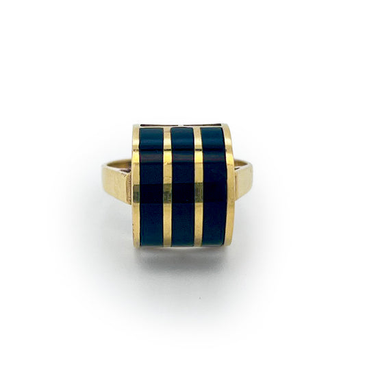 Vintage Black Onyx + 18ct Yellow Gold Striped Dome Ring - Sz. 5.5
