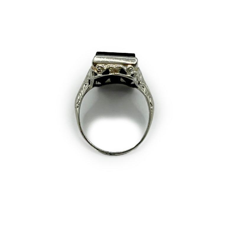 Antique Art Deco Rectangular Onyx + Diamond + 14k White Gold Ring - Sz. 4.75