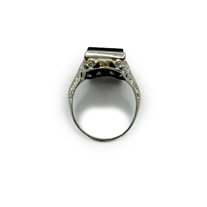 Antique Art Deco Rectangular Onyx + Diamond + 14k White Gold Ring - Sz. 4.75