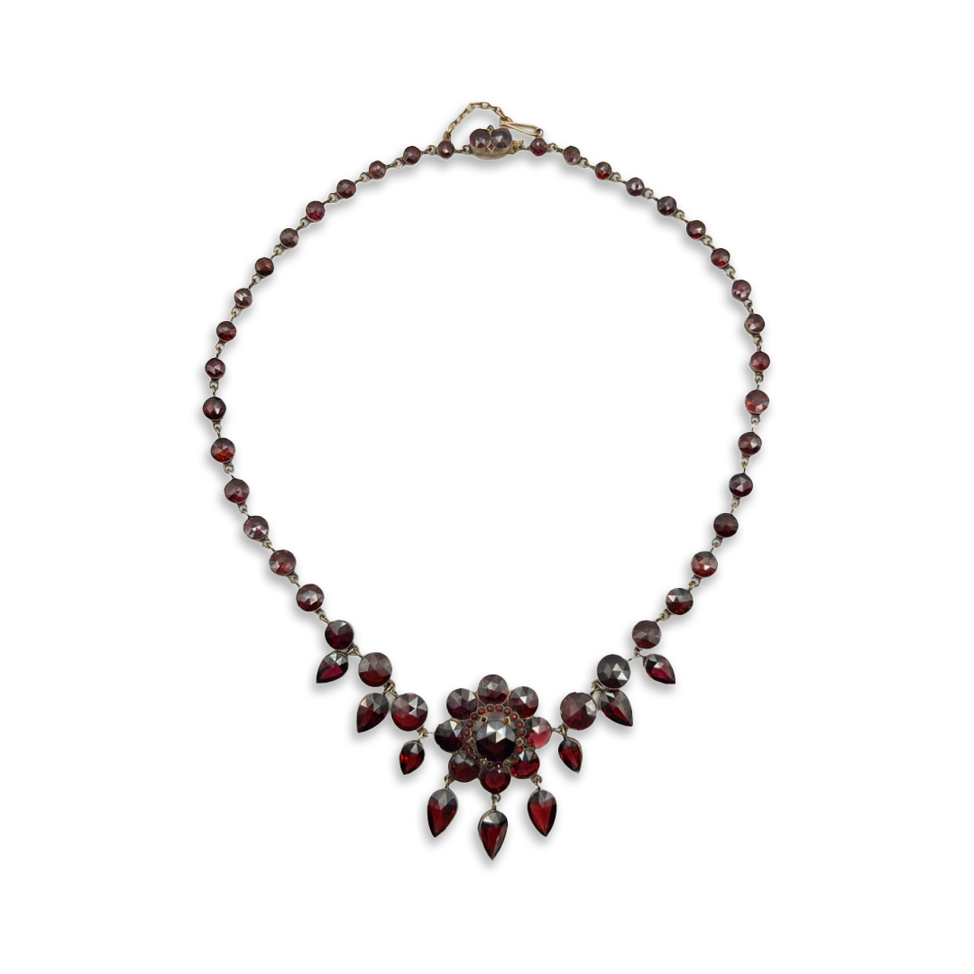 Antique Victorian Garnet Princess Garnet Gold Lavalier Necklace - 15"L