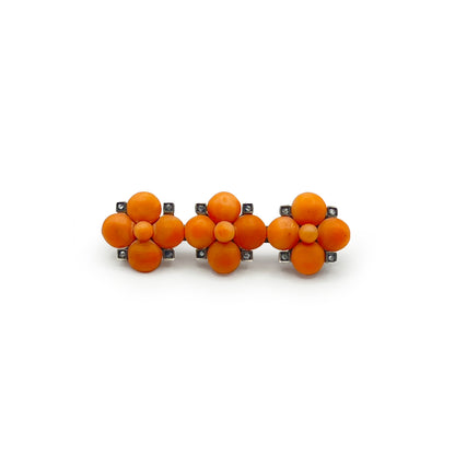 Antique Victorian Coral + Diamond + Silver Brooch
