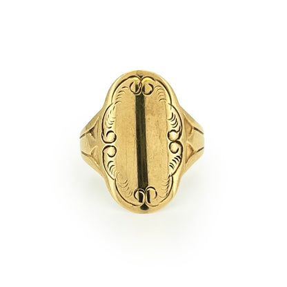 Vintage 9ct Yellow Gold Scroll Signet Ring - Sz. 7.5