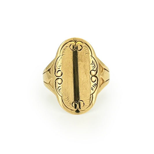 Vintage 9ct Yellow Gold Scroll Signet Ring - Sz. 7.5