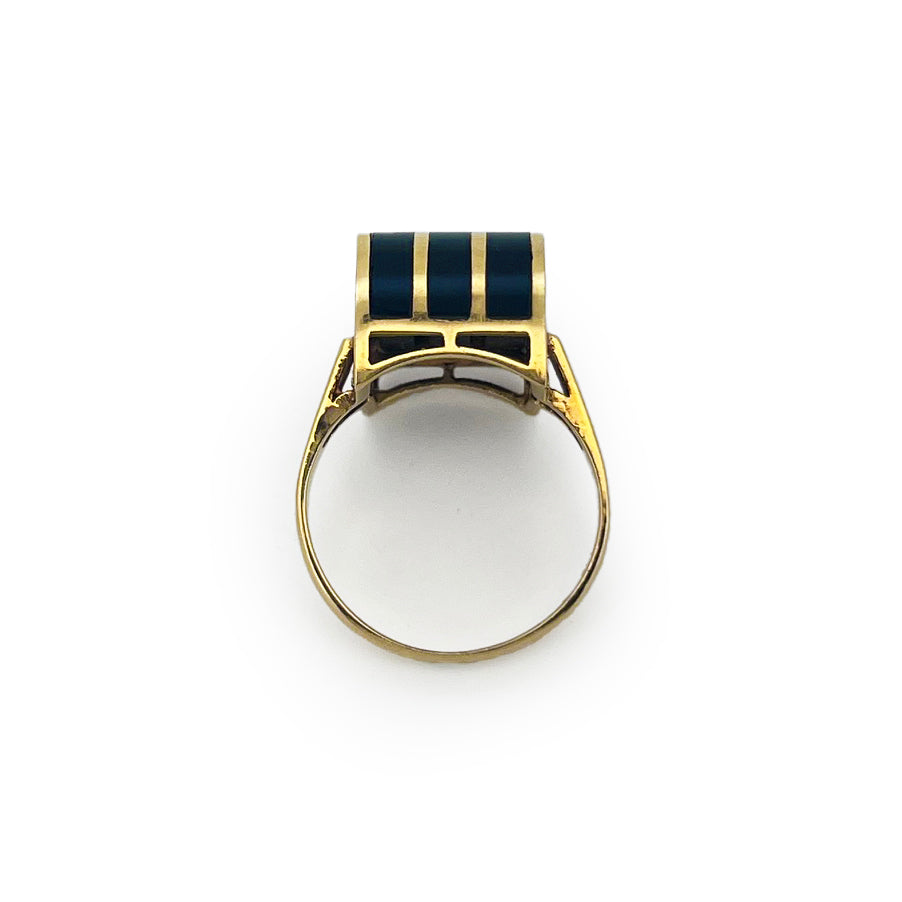Vintage Black Onyx + 18ct Yellow Gold Striped Dome Ring - Sz. 5.5