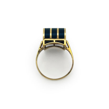 Vintage Black Onyx + 18ct Yellow Gold Striped Dome Ring - Sz. 5.5