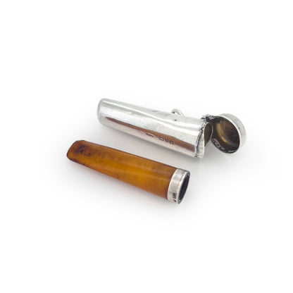 Antique Amber + Sterling Silver Cigarette Holder & Case Pendant