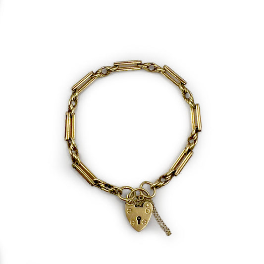 Vintage Fancy Link Heart Lock 9ct Yellow Gold Bracelet - 7.5"L