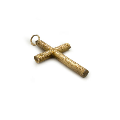 Antique Victorian 9ct Yellow Gold Engraved Tubular Cross Pendant