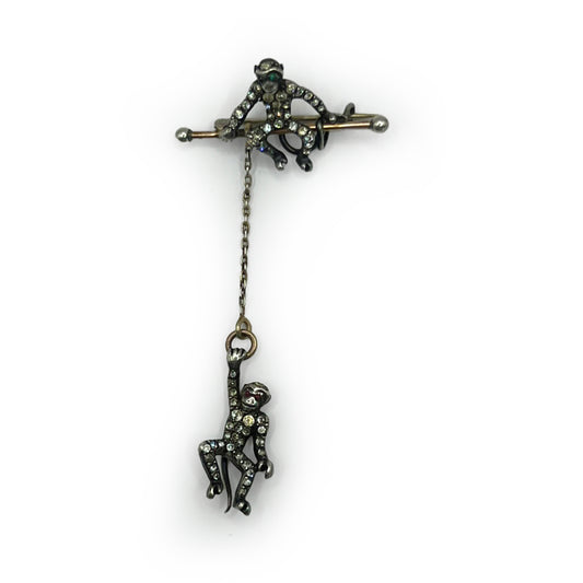 Antique Edwardian Paste + Silver Hanging Monkey Pin
