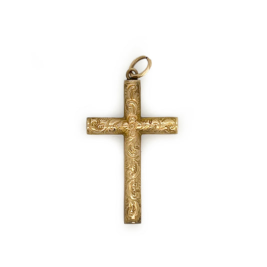 Antique Victorian 9ct Yellow Gold Engraved Tubular Cross Pendant