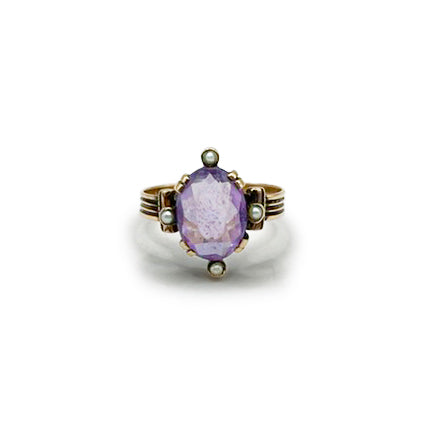 Antique Amethyst + Seed Pearl + 9K Rose Gold Ring - Sz. 7