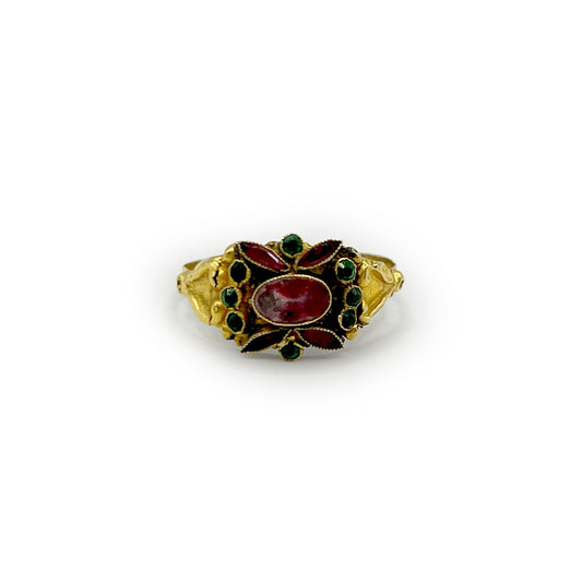 Antique Napoleon III Emerald + Ruby + 18ct Yellow Gold Floral Ring - Sz. 8