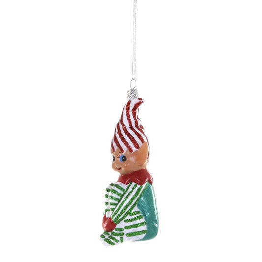 KNEE HUGGING ELF ORNAMENT - GREEN