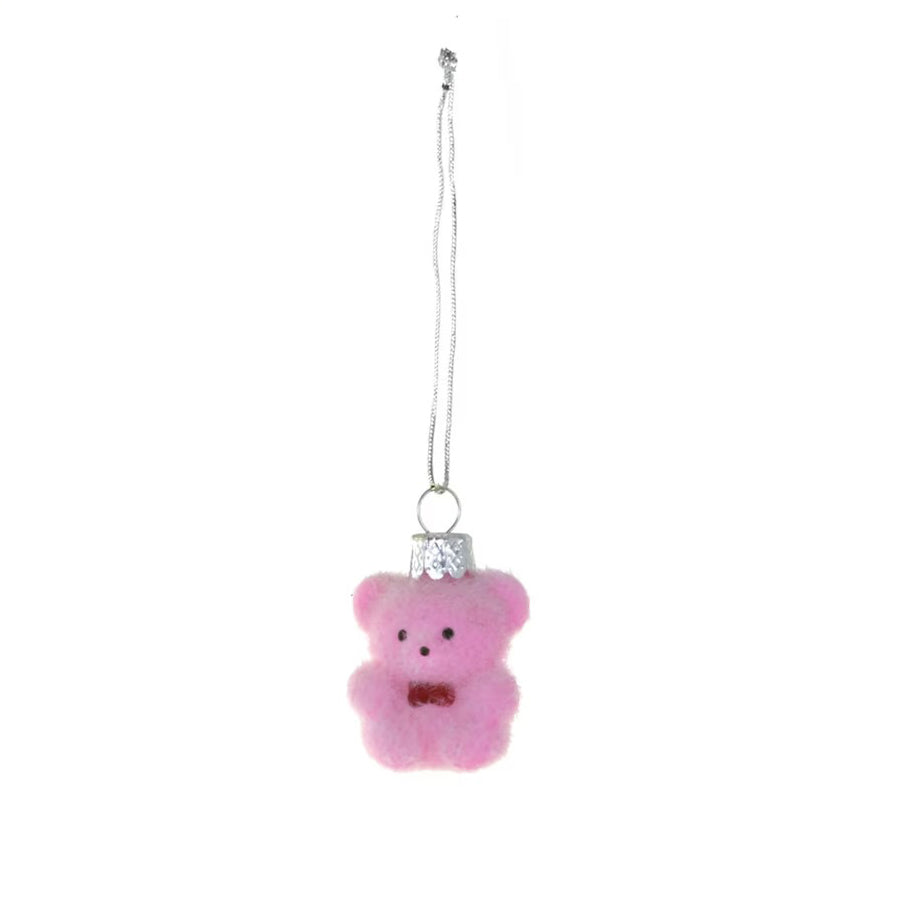 TINY FLOCKED BEAR ORNAMENT - PINK