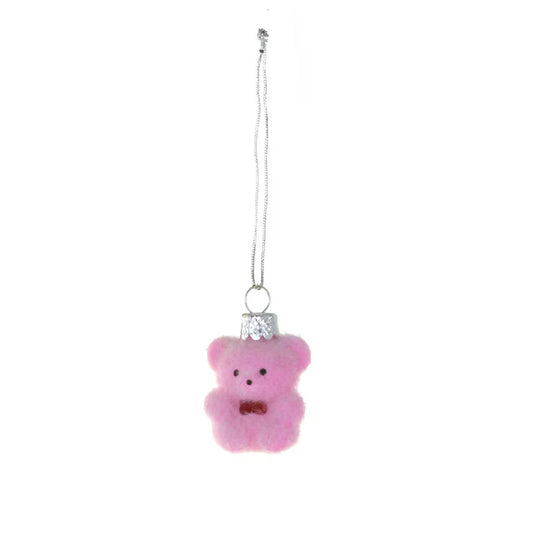 TINY FLOCKED BEAR ORNAMENT - PINK