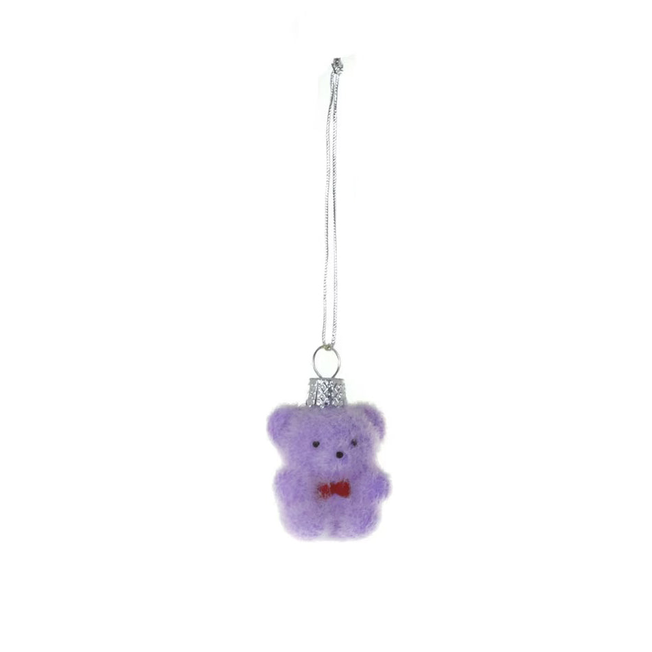 TINY FLOCKED BEAR ORNAMENT - PURPLE