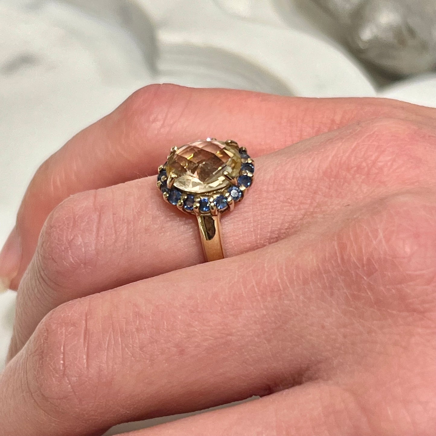 Estate Citrine + Blue Sapphire + 9ct. Yellow Gold Statement Ring - Sz. 5.5