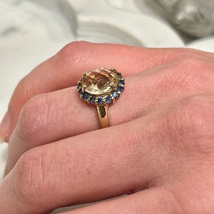Estate Citrine + Blue Sapphire + 9ct. Yellow Gold Statement Ring - Sz. 5.5