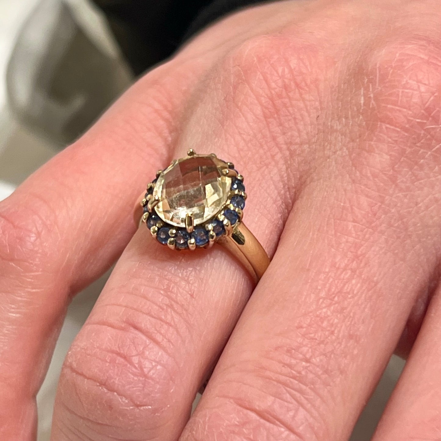 Estate Citrine + Blue Sapphire + 9ct. Yellow Gold Statement Ring - Sz. 5.5