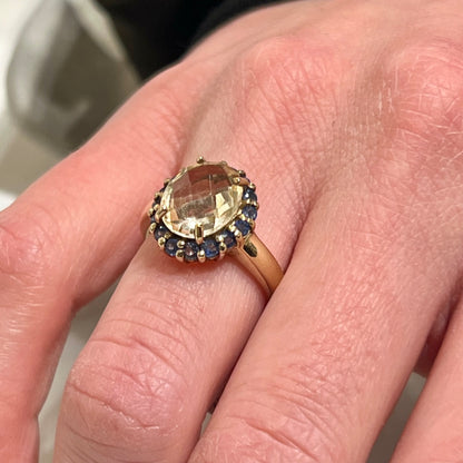 Estate Citrine + Blue Sapphire + 9ct. Yellow Gold Statement Ring - Sz. 5.5