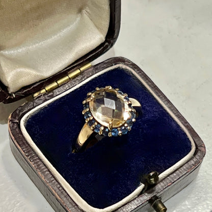 Estate Citrine + Blue Sapphire + 9ct. Yellow Gold Statement Ring - Sz. 5.5