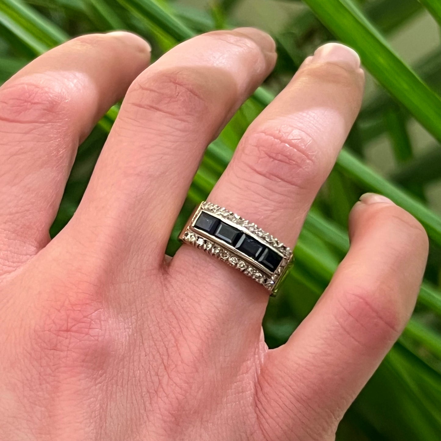 Vintage Diamond + Blue Sapphire Baguette + 18k Yellow Gold Ring - Sz. 4