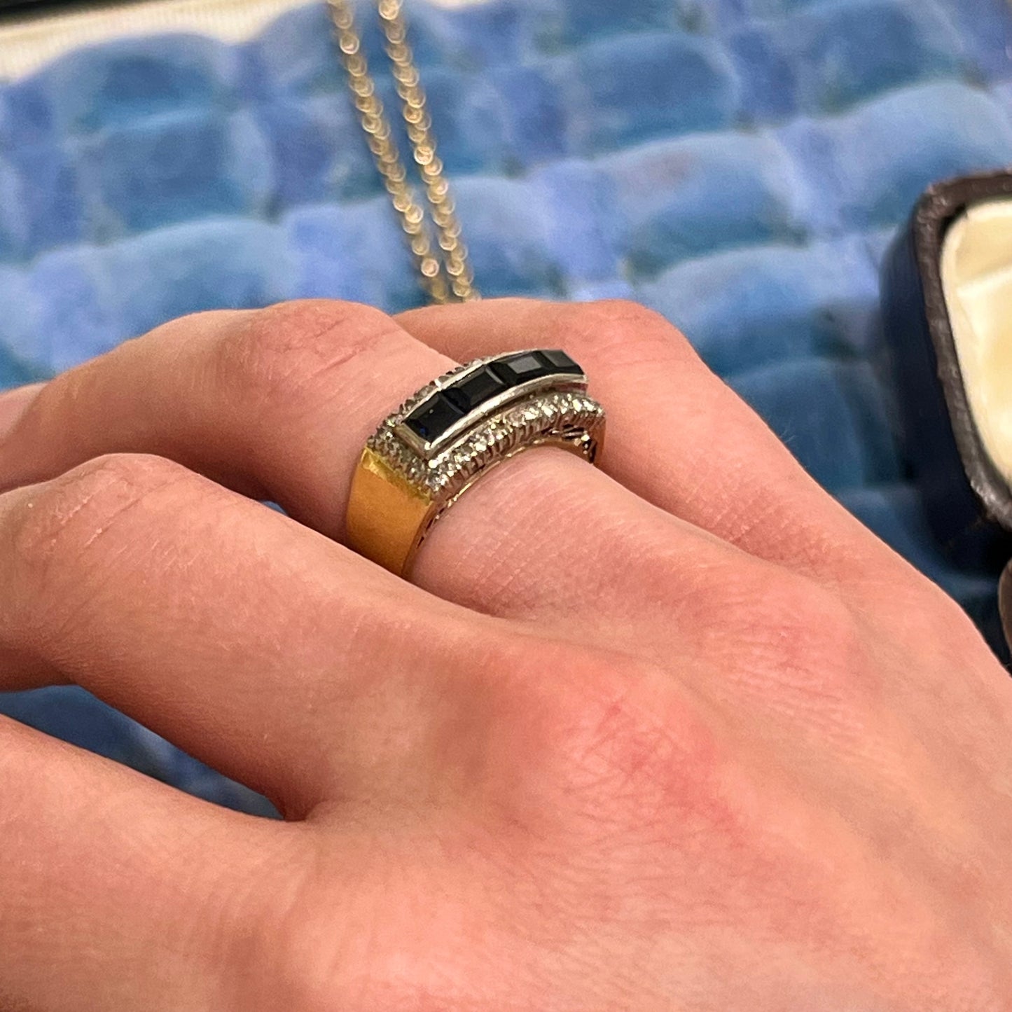 Vintage Diamond + Blue Sapphire Baguette + 18k Yellow Gold Ring - Sz. 4