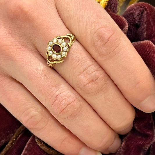 Vintage Garnet + Pearl + 18k Yellow Gold Snake Ring - Sz. 7.5