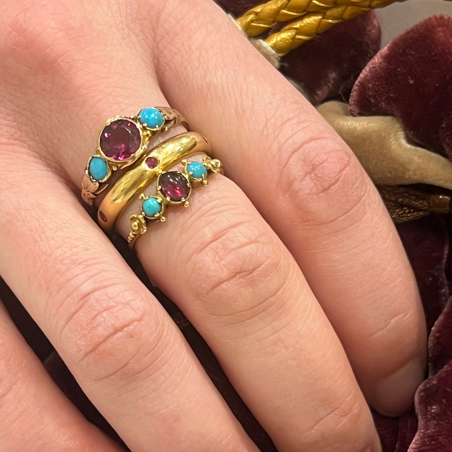 Antique Victorian Garnet + Turquoise + 12k Yellow Gold Engraved Ring - Size 8