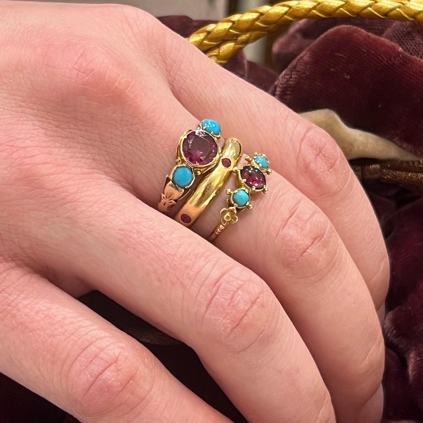 Antique Victorian Garnet + Turquoise + 12k Yellow Gold Engraved Ring - Size 8
