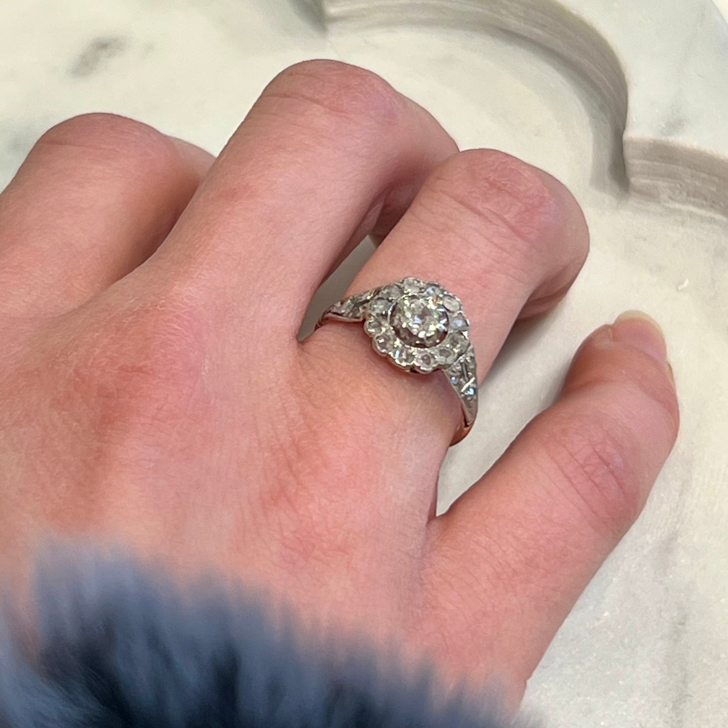 Antique Edwardian Old European Cut Diamond + 18k White Gold Daisy Ring - Size 6.25