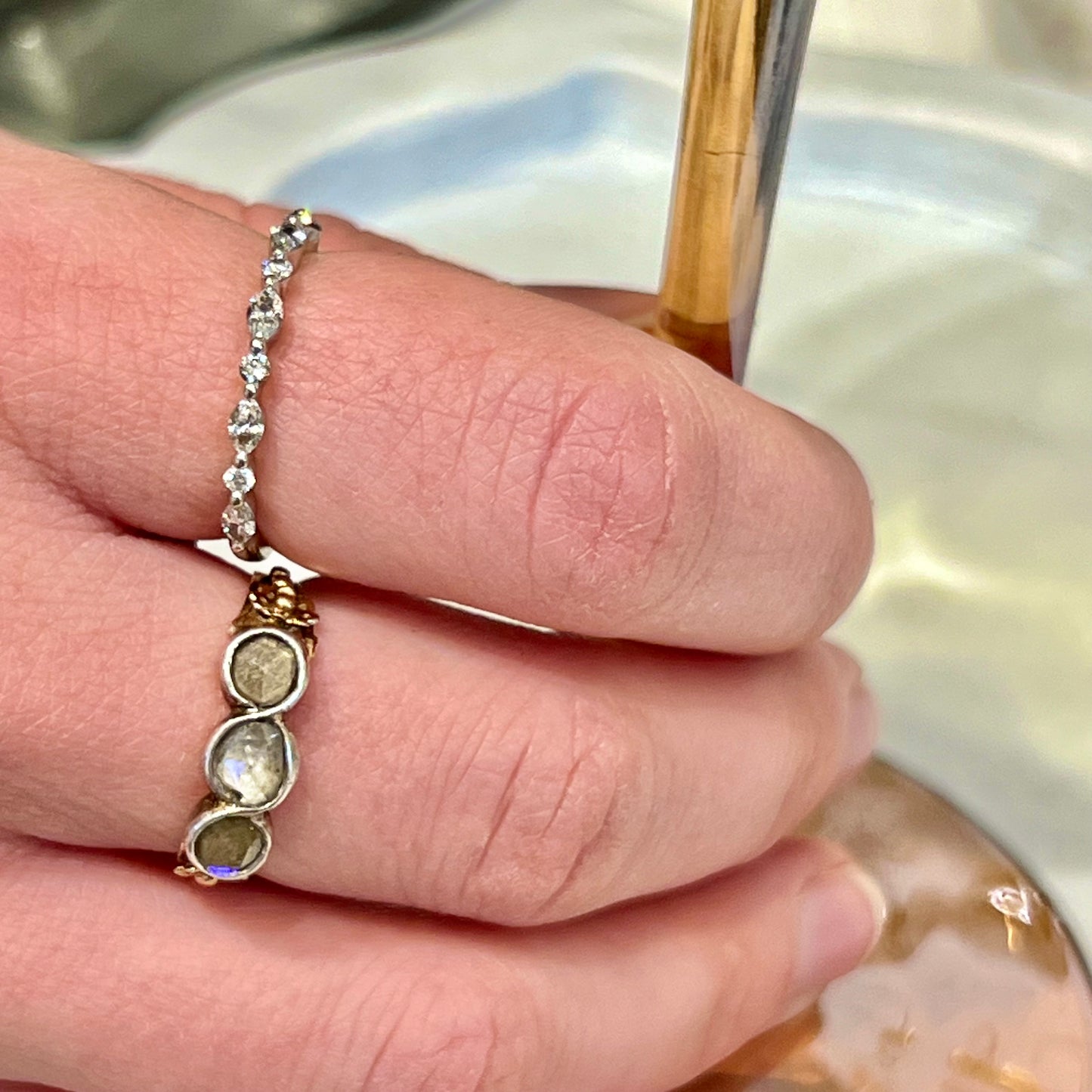 Vintage Mixed Diamond + 14k White Gold Half Eternity Ring - Sz. 6.25