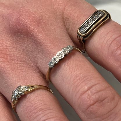 Vintage Diamond + 9ct Yellow Gold + Platinum Five Stone Ring - Sz. 7.25