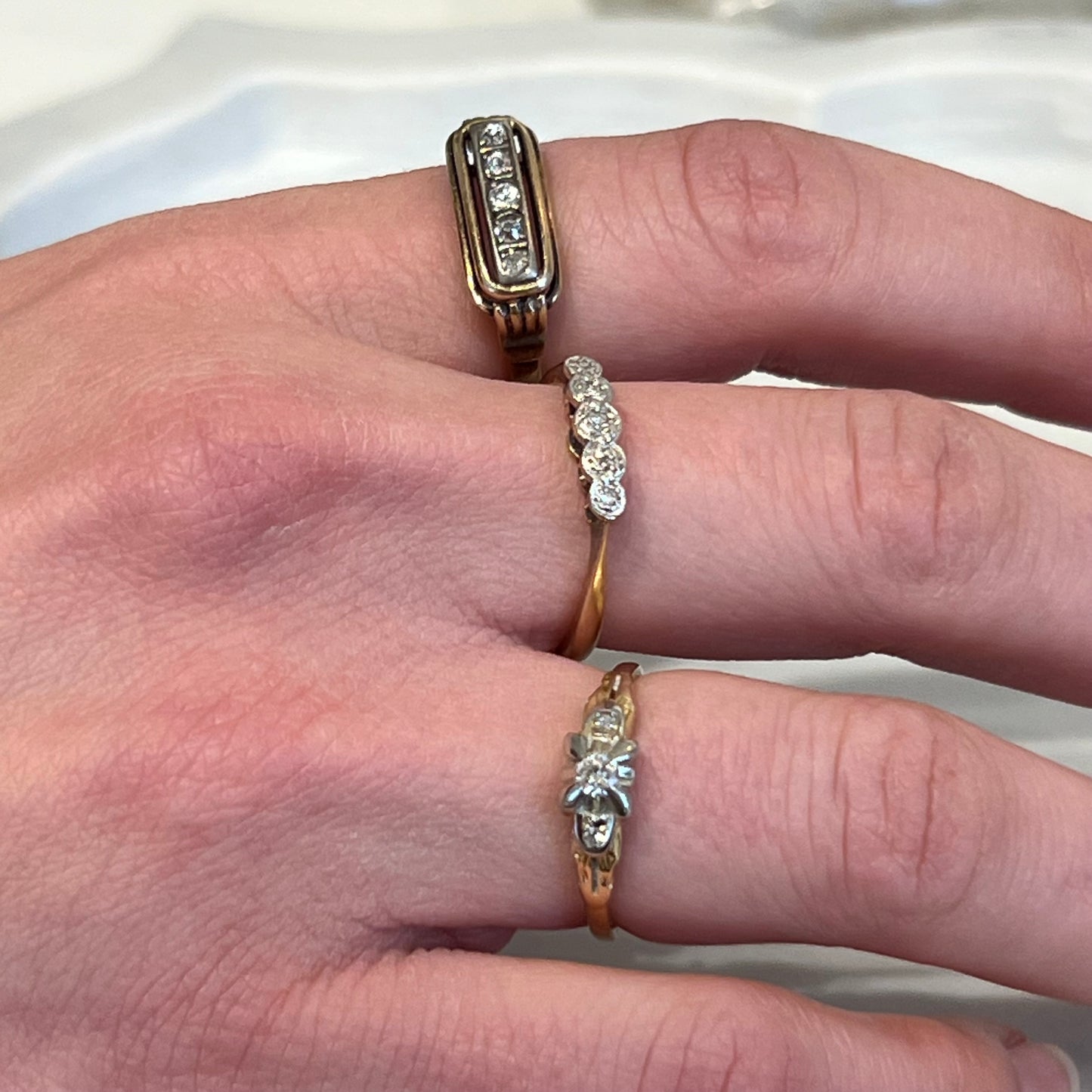 Antique Art Deco 5 Diamond + 14k Yellow Gold Ring - Sz. 6.5