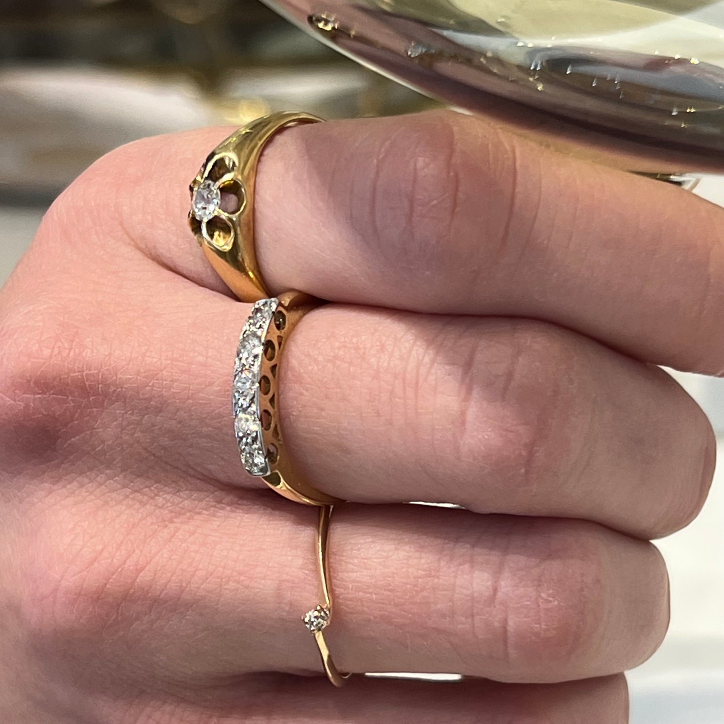 Antique Victorian Diamond + 18ct Yellow Gold + Platinum Five Stone Ring - Sz. 7.25