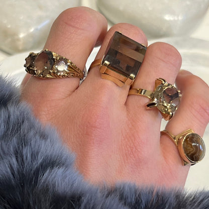 Vintage Three Smoky Topaz + 9ct. Yellow Gold Ring - Sz. 8.5